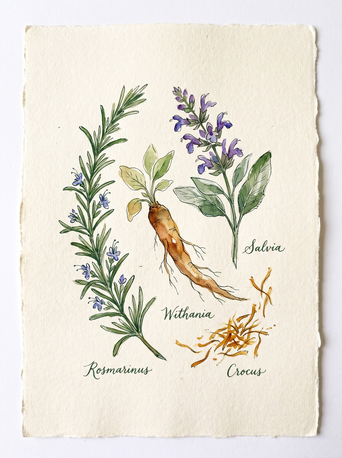 Watercolour botanical illustration of the herbs used in Cycle + Thrive