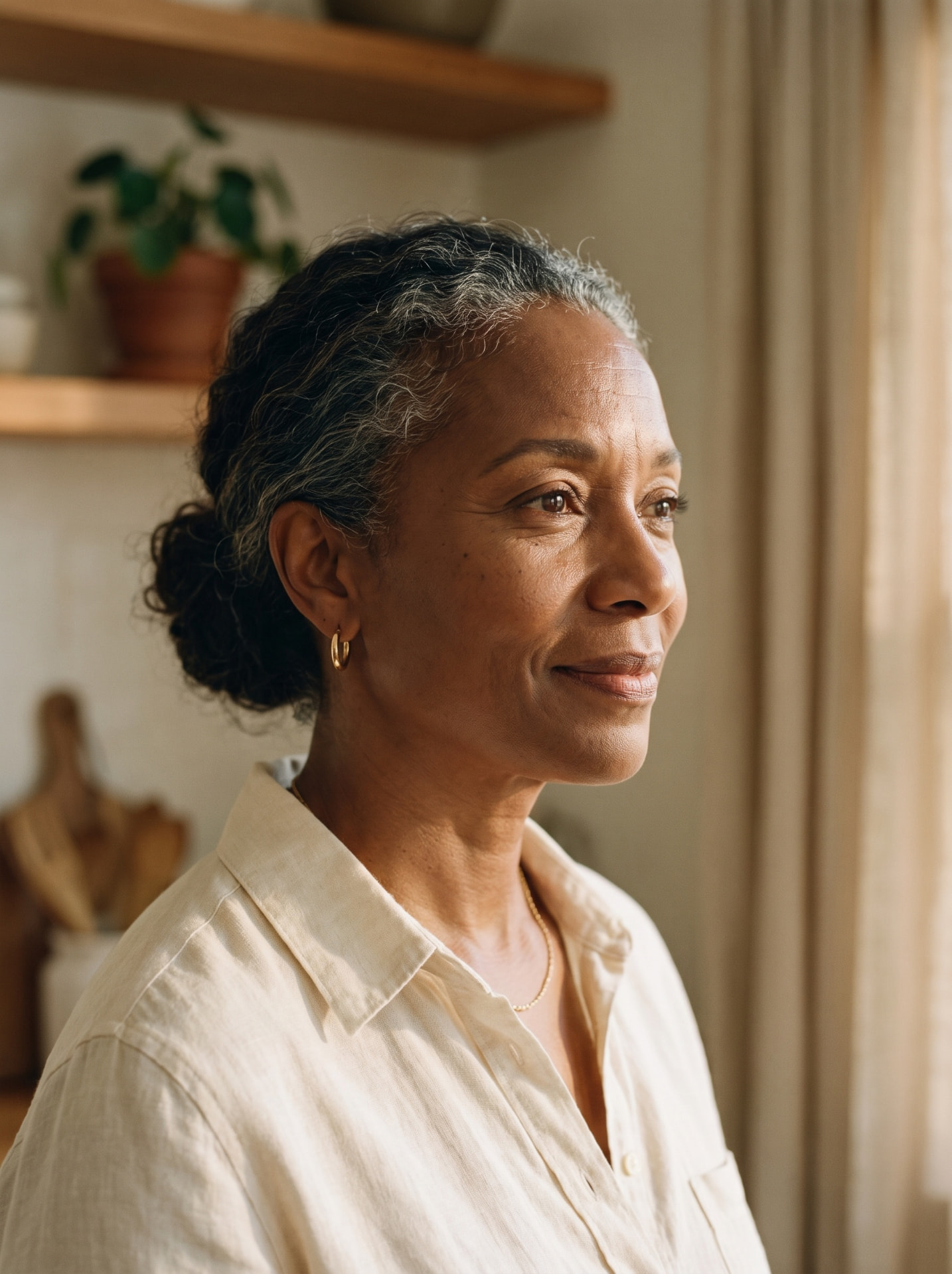 Woman in her early fifties at home in morning light